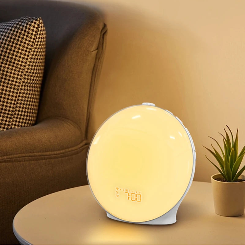 Réveil Simulateur d’Aube Lumineux LED affichant 10:20, idéal pour chambre et bureau.