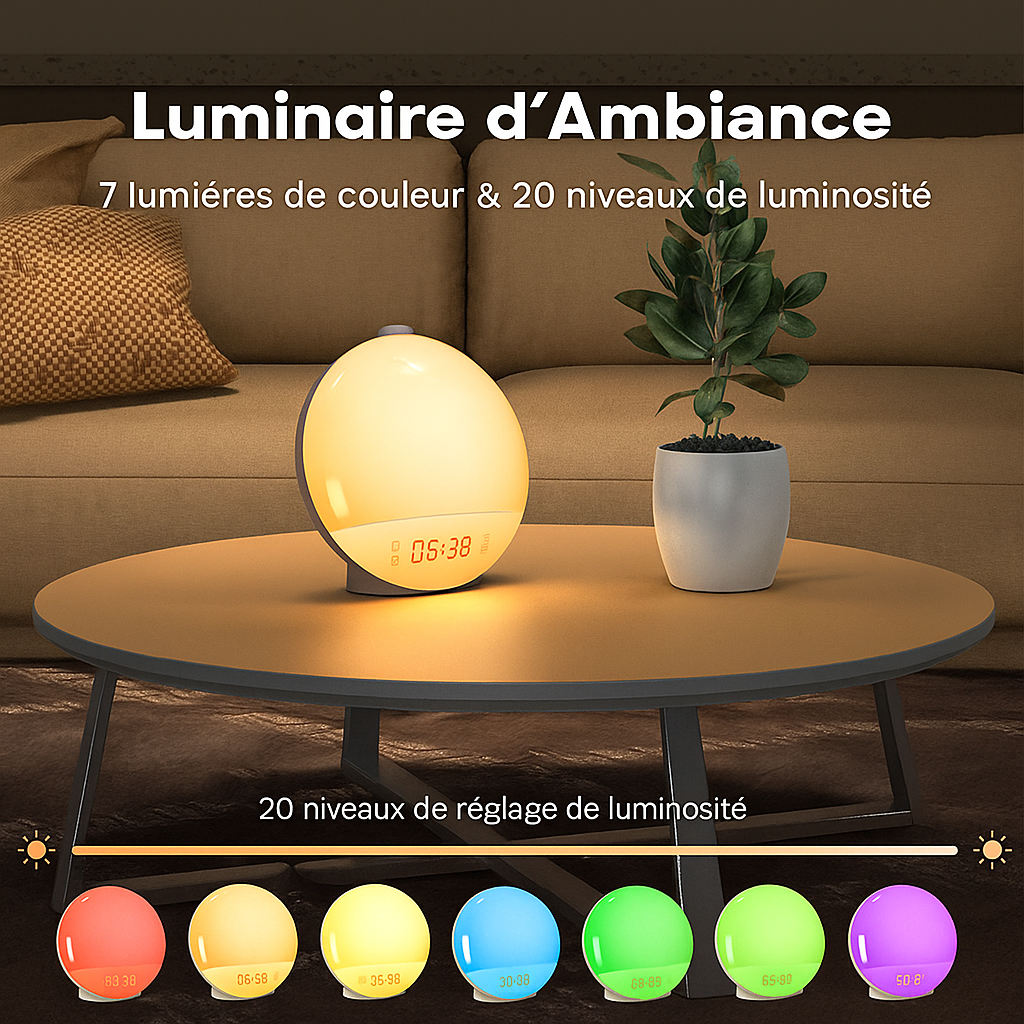 Réveil Simulateur d’Aube Lumineux avec modes de couleurs multiples, présentation des teintes RGB.
