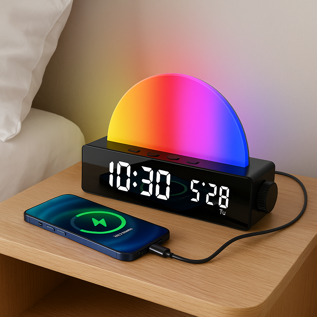 Réveil LED Miroir – Lampe Soleil RGB, Date et Jour