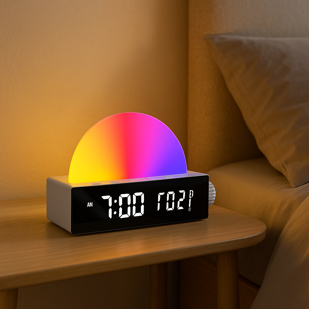 Réveil LED Miroir – Lampe Soleil RGB, Date et Jour