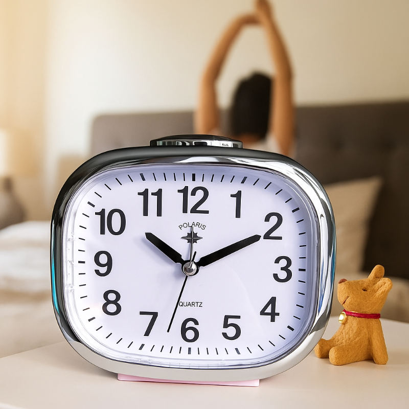 Réveil Vintage Mécanique Silencieux sur une table de chambre devant un une femme en plein réveil et en étirement
