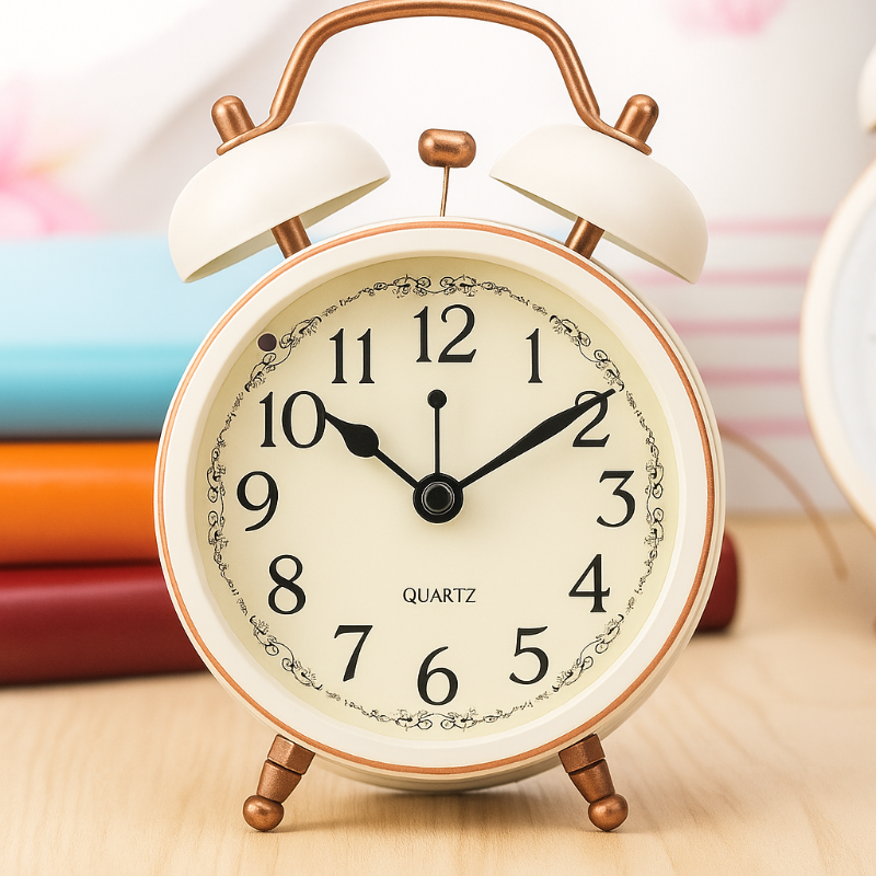 Réveil vintage blanc à double cloche sur fond clair, cadran blanc avec chiffres noirs